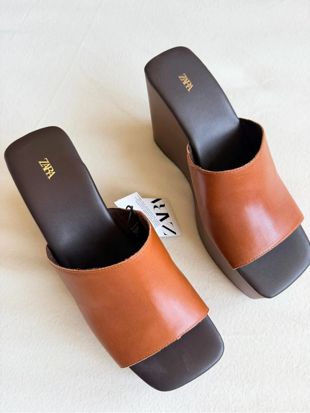 New ZARA Cognac Brown Leather Platform